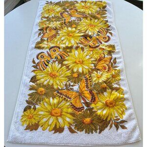 Vintage 70s bath towel, orange, yellow, brown flowers and Monarch butterflies